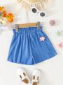 SHEIN Kids EVRYDAY Little Girls' Embroidered Commuting Simple Casual All-Match Shorts