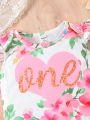 SHEIN 2pcs Baby Girls' Casual Elegant & Romantic Letter Flower Pattern Printed T-Shirt & Mesh Skirt Set, Suitable For Spring/Summer Outings & Parties