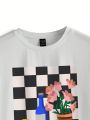 SHEIN X Anna Cardim Women'S Longline Floral & Checkered Print T-Shirt With Round Neckline