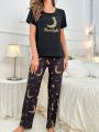 Women's Moon, Letter, Star Printed Pajama Set