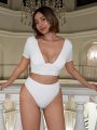 SHEIN Swim Y2GLAM Solid Color Short Sleeve Top And Triangular Pants Bikini Set