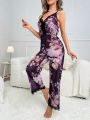 Floral Print Contrast Lace Cami Sleep Jumpsuit