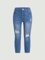 SHEIN Young Girls' Light Blue Y2k Street Style Cool Ripped Jeans With Washed Effect