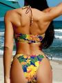 SHEIN Swim Vcay Women's Tropical Plant Flower Printed Swimwear Set