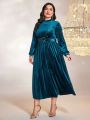 Plus Mock Neck Belted Velvet Dress