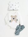 SHEIN Newborn Baby Boy Three-dimensional Ear Hat Long-sleeved Shoulder Jumpsuit And Trousers Three-piece Set