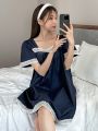 DAZY Women's Square Neckline Lace Patchwork Pleated Design Cute Sleeping Dress