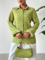 SHEIN Essnce Mustard Green Casual Versatile Fashionable Lantern Sleeve Women's Shirt