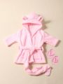 Baby Girl Cartoon Graphic 3D Ear Design Hooded Belted Robe With Slippers