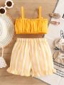 Baby Girls' Butterfly Knot Strap Top And Striped Shorts Set