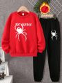2pcs/set Boys' Spider Pattern Letter Printed College Style Fleece Round Neck Sweatshirt And Sweatpants Set
