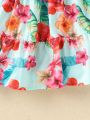 SHEIN Kids SUNSHNE Little Girls' Cute Sweet Elegant Ladylike Set Of Ruffle Edge Cami Top And Floral Skirt