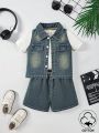 Baby Boys' Denim Vest And Shorts Set, With Round Neck T-Shirt, Street Fashion