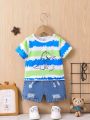 2pcs/set Infant Boys' Tie-dye Dinosaur Short Sleeve Top & Denim Shorts, Spring/summer Fashion Outfit