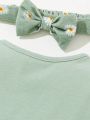 SHEIN Newborn Baby Girls' Round Collar Sleeveless Floral Print Dress With Headband Set