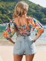 SHEIN VCAY Women's Vacation Floral Print Puff Sleeve Shirt