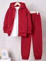 SHEIN Kids EVRYDAY Tween Boys' Loose Fit Casual Solid Color Hooded Fleece Sweatshirt And Sweatpants Set