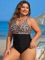 SHEIN Swim Classy Plus Size Women's Leopard Printed Ruched Monokini Swimsuit