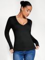 SHEIN BASICS V-Neck Long Sleeves Slim Fit T-Shirt