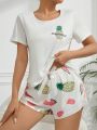 Women's Pineapple & Letter Print Short Sleeve Top And Shorts Pajama Set