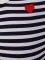 SHEIN Tween Girls' Knitted Striped Love Heart Embroidered Slim Fit Casual Long Sleeve T-Shirt