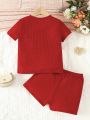 SHEIN Kids EVRYDAY Young Girl Round Neck Waffle Texture Knit T-Shirt And Shorts Set