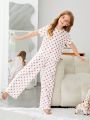 SHEIN Tween Girl Polka Dot Print Lettuce Trim Tee & Pants PJ Set