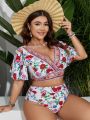 SHEIN Swim Vcay Plus Size Women'S Butterfly Sleeve Floral Printed Swimsuit