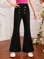 SHEIN Kids FANZEY Teen Girls' Elegant Long Decorative Button Detail Slim Fit Flare Pants