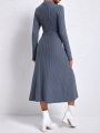 Solid Color Long Sleeve Ribbed Knit Dress