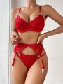 3pcs/Set Sexy Underwear With Underwire, Floral Embroidery Design (Valentine'S Day Edition)