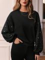 SHEIN Frenchy Women's Rhinestone Inlaid Drop Shoulder Long Sleeve Sweatshirt