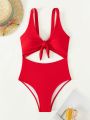 SHEIN Swim Basics Knot Front Cut-out One Piece Swimsuit