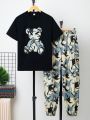 SHEIN Teen Boys' Casual Streetwear Teddy Bear Print T-Shirt And Camouflage Cargo Pants 2pcs/Set