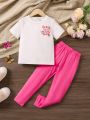 SHEIN Kids EVRYDAY Little Girls' Flower, Butterfly & Letter Printed Top With Solid Color Pants Set