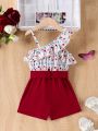 SHEIN Kids EVRYDAY Young Girl's Floral Print Romper With Ruffle Hem