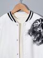 SHEIN Kids Cooltwn Boys' White Single-breasted Long Sleeve Jacket With Tiger Logo Printed On The Sleeve
