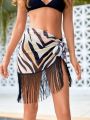 SHEIN Swim BohoFeel Women's Color-block Fringed Cover-up With Tie-up Waist