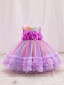 Baby Girl Floral Appliques Colorful Mesh Hem Gown Dress