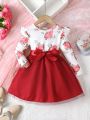 SHEIN Kids EVRYDAY Toddler Girls' Floral Printed Dress With Ruffle Trim & Waist-Tie