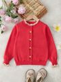 Young Girl Floral Embroidery Knit Open Front Cardigan