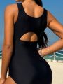 SHEIN Swim SPRTY Solid Color One-piece Swimsuit With Knot & Hollow Out Detail