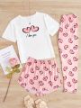 Heart & Slogan Graphic Tee & Shorts & Pants PJ Set