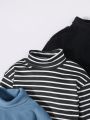 SHEIN Kids EVRYDAY Toddler Boys' Casual And Comfortable High Neck Striped Knit Sweater With Black And Blue Solid Color Tops Set