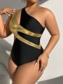 SHEIN Swim SXY Plus Size Women'S Color Blocking One Shoulder One-Piece Swimsuit