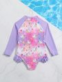 Young Girls' Unicorn Pattern Print Ruffle Trim One-Piece Swimsuit With Long Sleeves, Spring/Summer