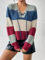 SHEIN Essnce Color Block Lace Up Front Sweater