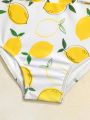 Baby Girl Lemon Print Bow Front Ruffle Trim One Piece Swimsuit