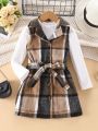 SHEIN Kids EVRYDAY Little Girls' Solid Color T-shirt With Plaid Belt And Waistcoat Jacket Two-piece Set