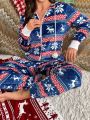 Christmas Pattern Zip Up Drawstring Hooded Sleep Jumpsuit